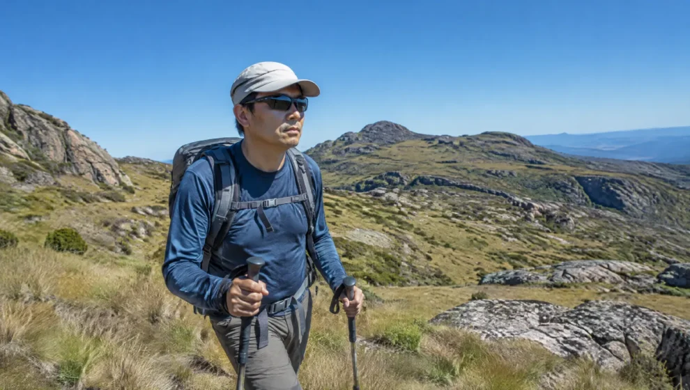 Montanhista com óculos de sol envolventes caminhando em campo de altitude sob sol forte
