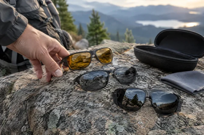 Três pares de óculos de sol com lentes de tons diferentes sobre rocha ao lado de pano de microfibra e estojo