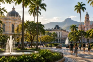 Ilustração de praça com palácio e jardins em Belo Horizonte