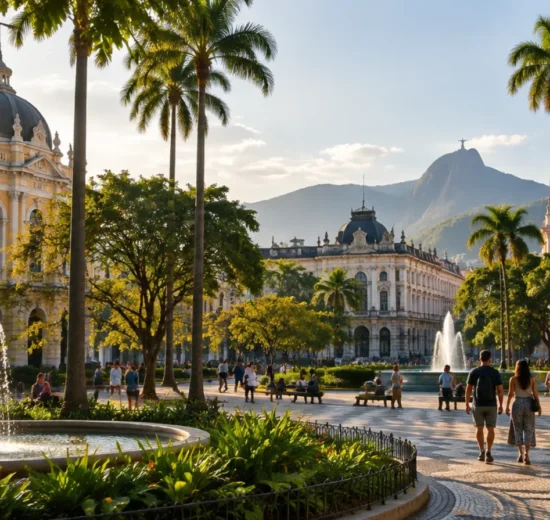 Ilustração de praça com palácio e jardins em Belo Horizonte