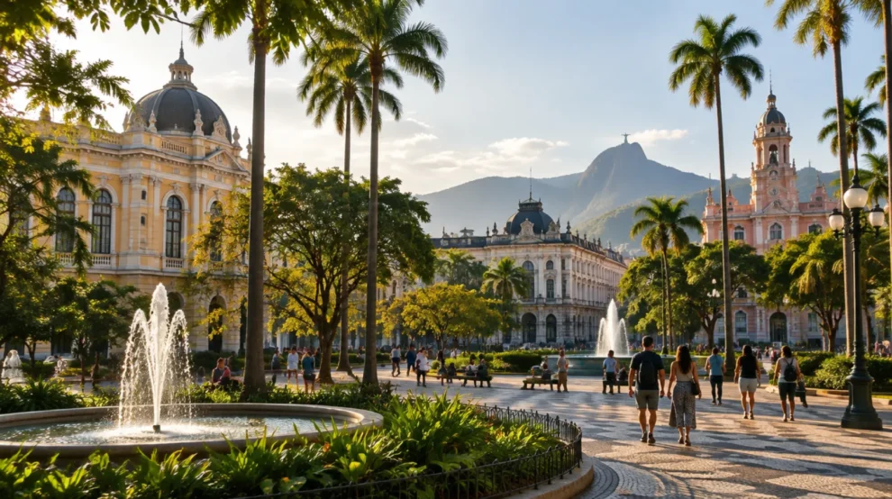 Ilustração de praça com palácio e jardins em Belo Horizonte