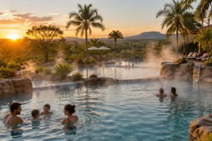 Ilustração de piscinas termais com vapor em hotel de Caldas Novas
