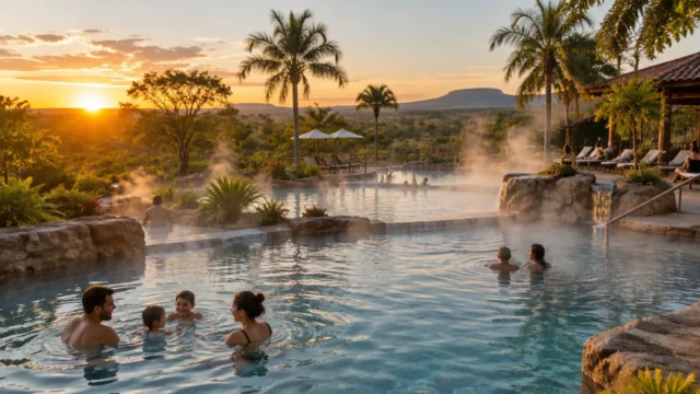 Ilustração de piscinas termais com vapor em hotel de Caldas Novas