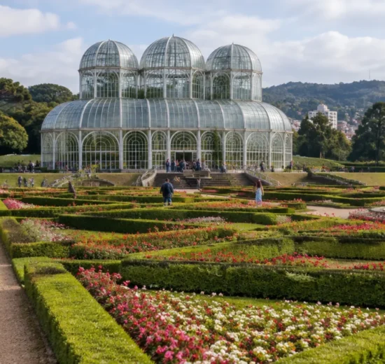 Ilustração de estufa de vidro em jardim de Curitiba