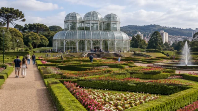Ilustração de estufa de vidro em jardim de Curitiba
