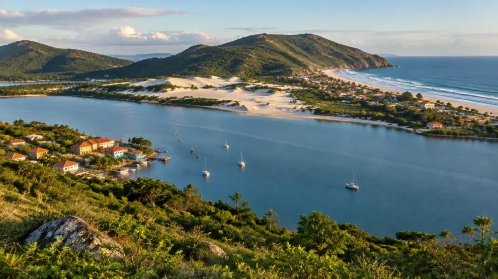 Vista do alto de uma lagoa com barcos, dunas e praia oceânica, em paisagem de ilha no sul do Brasil