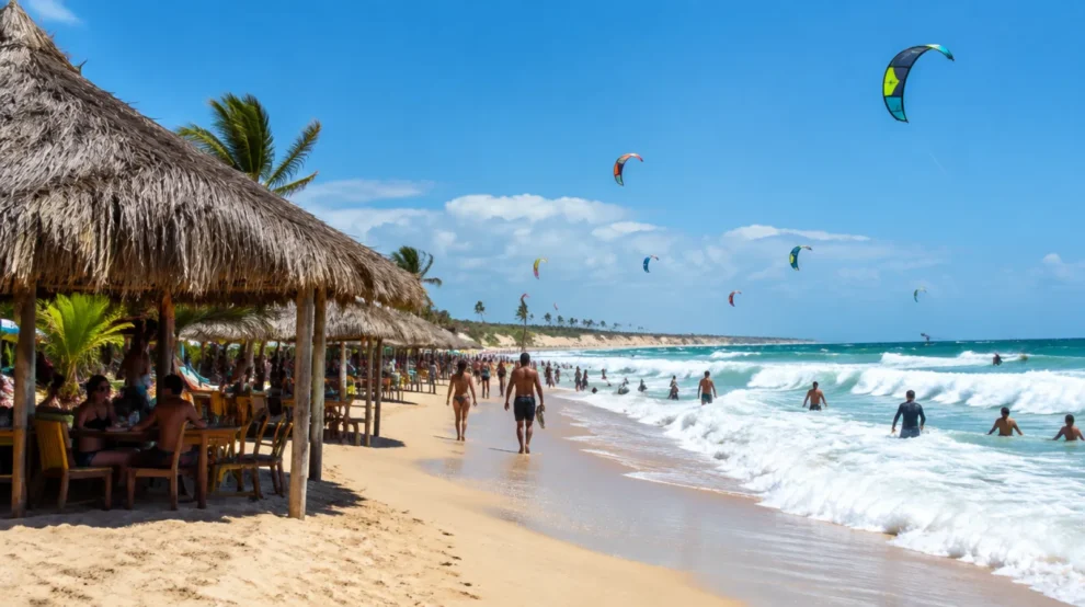 Barracas de praia com cobertura de palha, mar com ondas e pipas de kitesurfe no céu
