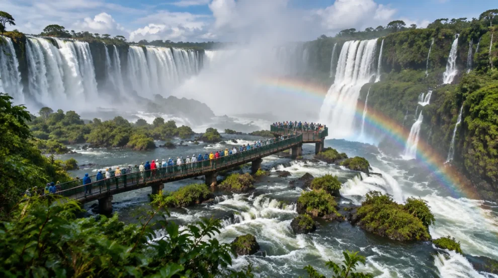 Ilustração das Cataratas do Iguaçu com quedas e mata ao redor