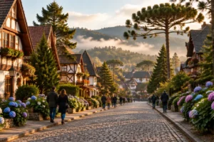 Rua de paralelepípedos com casas em estilo enxaimel, araucárias e hortênsias, em ilustração da Serra Gaúcha