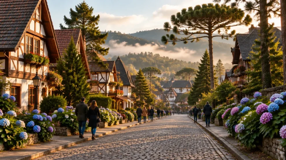 Rua de paralelepípedos com casas em estilo enxaimel, araucárias e hortênsias, em ilustração da Serra Gaúcha