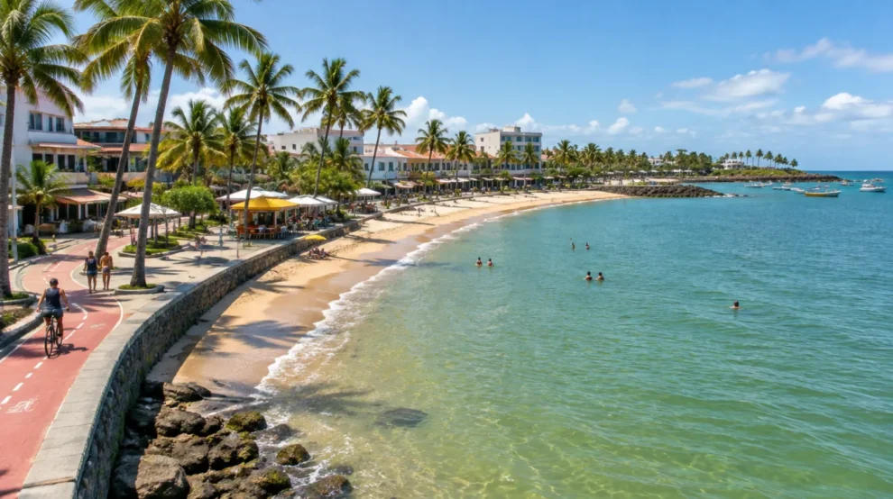 Ilustração da orla urbana de João Pessoa com calçadão e mar esverdeado