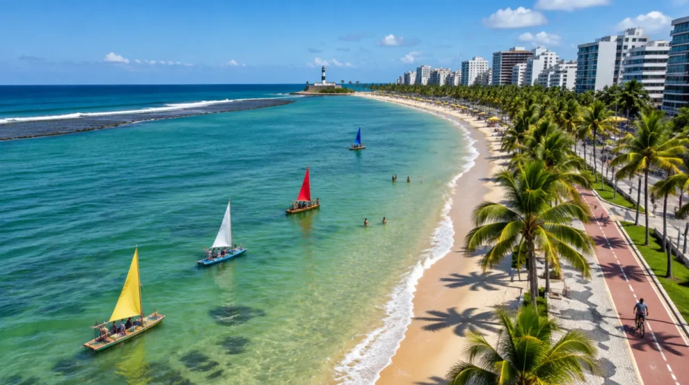 Orla urbana de mar verde-esmeralda com jangadas coloridas, coqueiros e calçadão no Nordeste