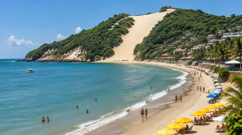 Praia urbana em curva terminando em grande duna com vegetação, com guarda-sóis na areia