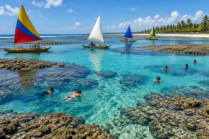 Piscinas naturais de águas azul-turquesa entre arrecifes, com jangadas coloridas e coqueiros
