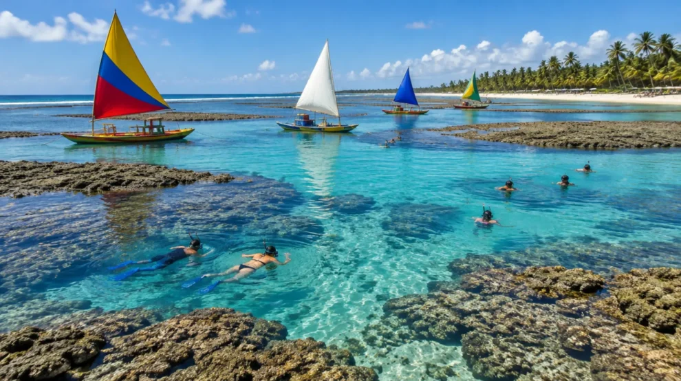Piscinas naturais de águas azul-turquesa entre arrecifes, com jangadas coloridas e coqueiros