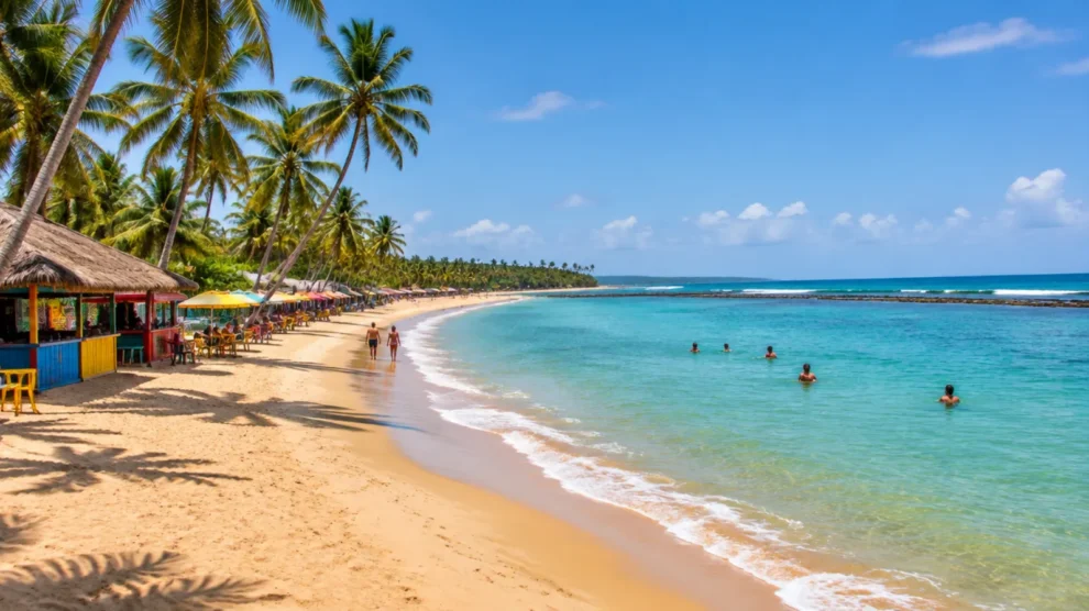 Praia de areia dourada com coqueiros, barracas coloridas e mar azul-turquesa no sul da Bahia