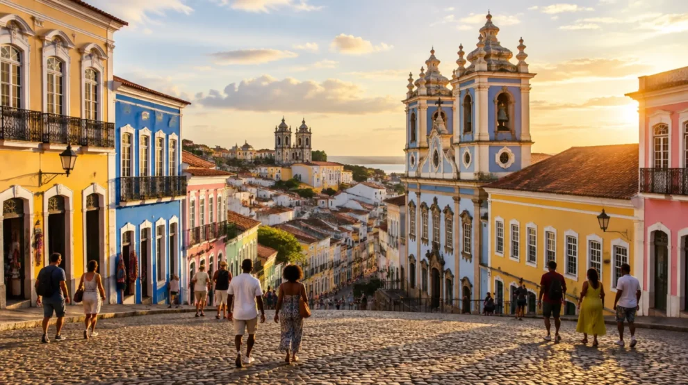 Largo de pedra em ladeira com casarões coloniais coloridos e torres de igreja ao entardecer