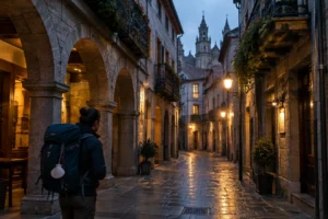 Rua com arcadas e pousadas na cidade velha: onde ficar em Santiago de Compostela