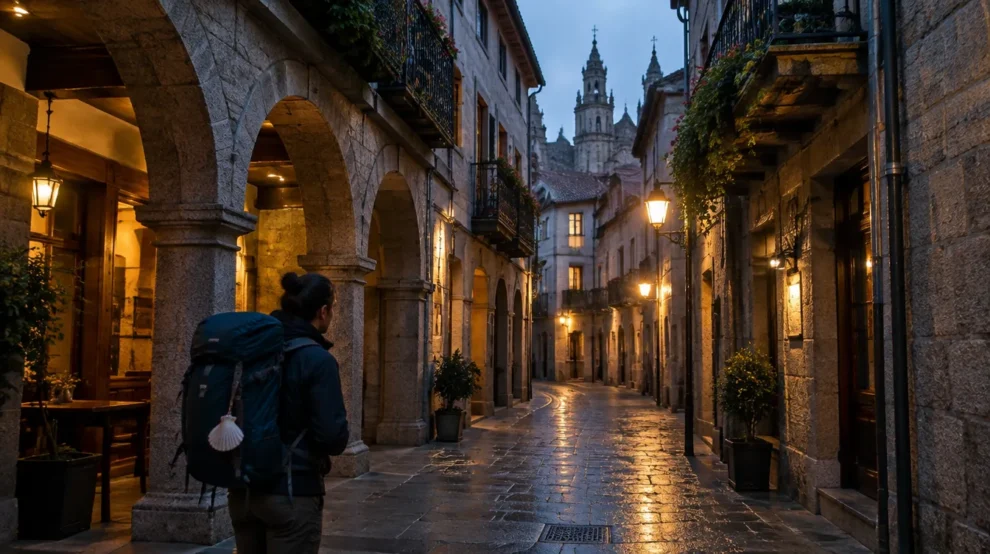 Rua com arcadas e pousadas na cidade velha: onde ficar em Santiago de Compostela