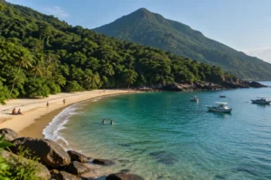 Enseada de areia dourada com Mata Atlântica descendo até o mar e barcos ancorados