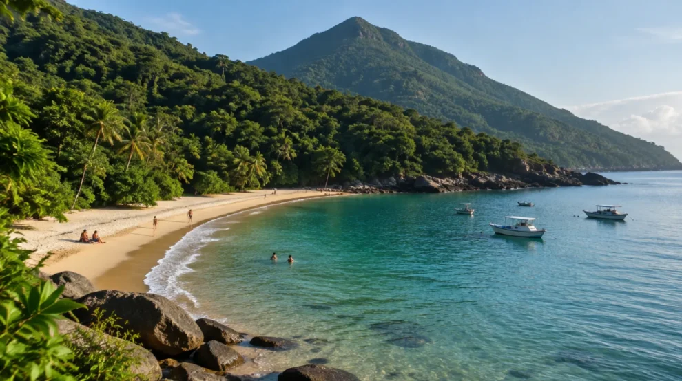 Enseada de areia dourada com Mata Atlântica descendo até o mar e barcos ancorados