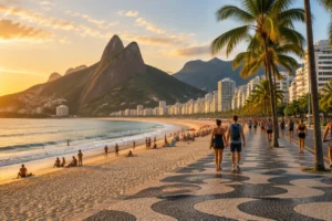 Orla de praia com calçadão de pedras portuguesas, coqueiros e montanhas ao fundo no Rio de Janeiro