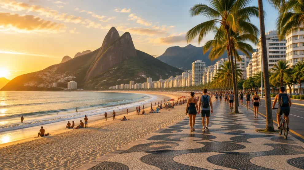 Orla de praia com calçadão de pedras portuguesas, coqueiros e montanhas ao fundo no Rio de Janeiro