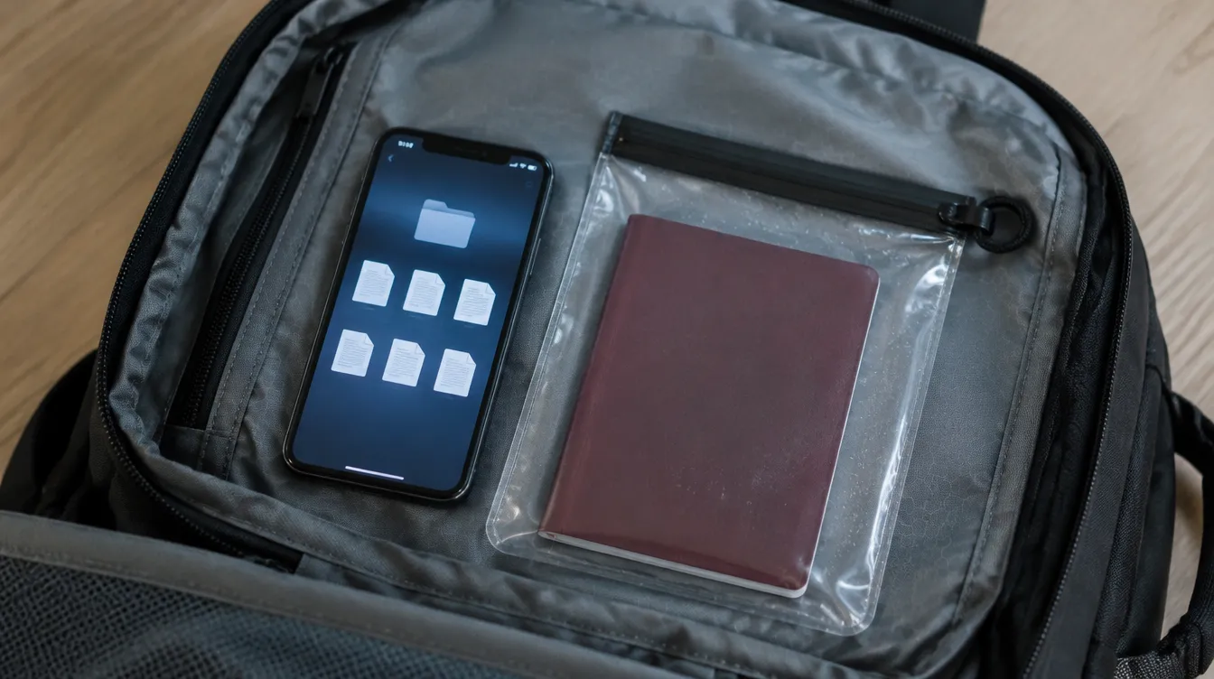 Cópias digitais no celular e passaporte em pochete impermeável no Caminho de Santiago