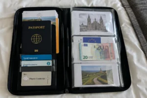Porta-documentos com passaporte, cópias e credencial: como organizar documentos para o Caminho de Santiago