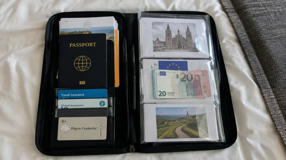 Porta-documentos com passaporte, cópias e credencial: como organizar documentos para o Caminho de Santiago