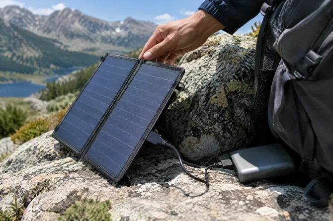 Painel solar dobrável apoiado em pedra carregando um power bank por cabo USB