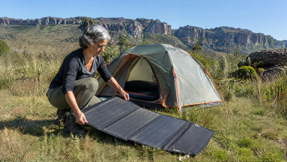 Campista abrindo um painel solar dobrável na frente da barraca em camping no cerrado