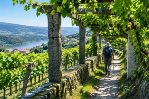 Vinhedos em pérgulas de granito no Minho, entre as paisagens do Caminho Português