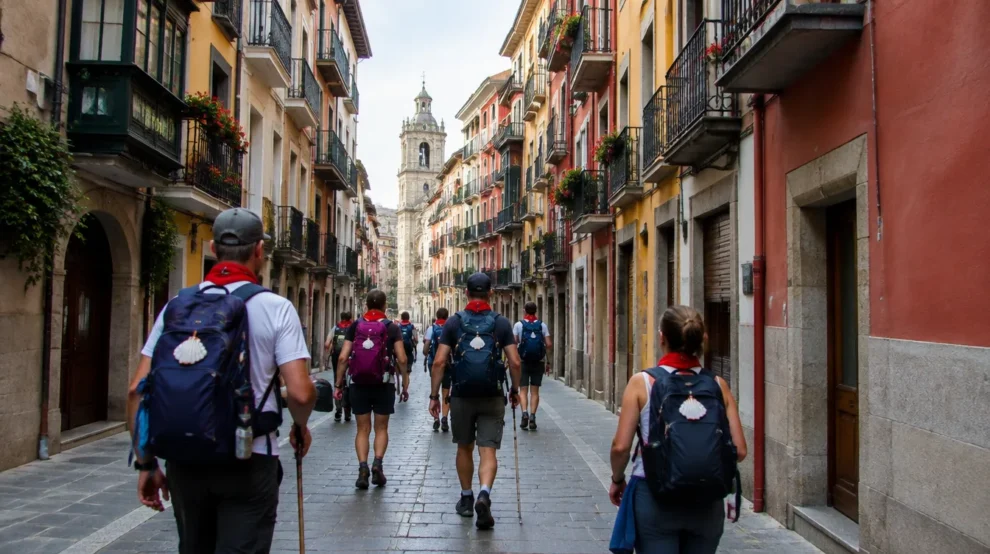 Peregrinos no centro histórico de Pamplona, no Caminho de Santiago