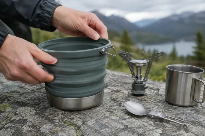 Mão abrindo panela colapsável de silicone ao lado de fogareiro compacto sobre pedra