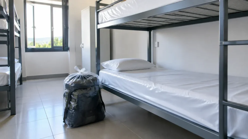 Beliche com capa protetora e mochila ensacada para evitar percevejos nos albergues do Caminho de Santiago