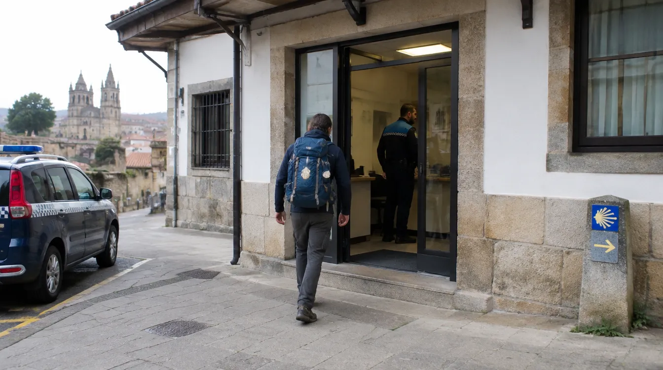 Peregrino indo registrar a perda de documentos em delegacia no Caminho de Santiago