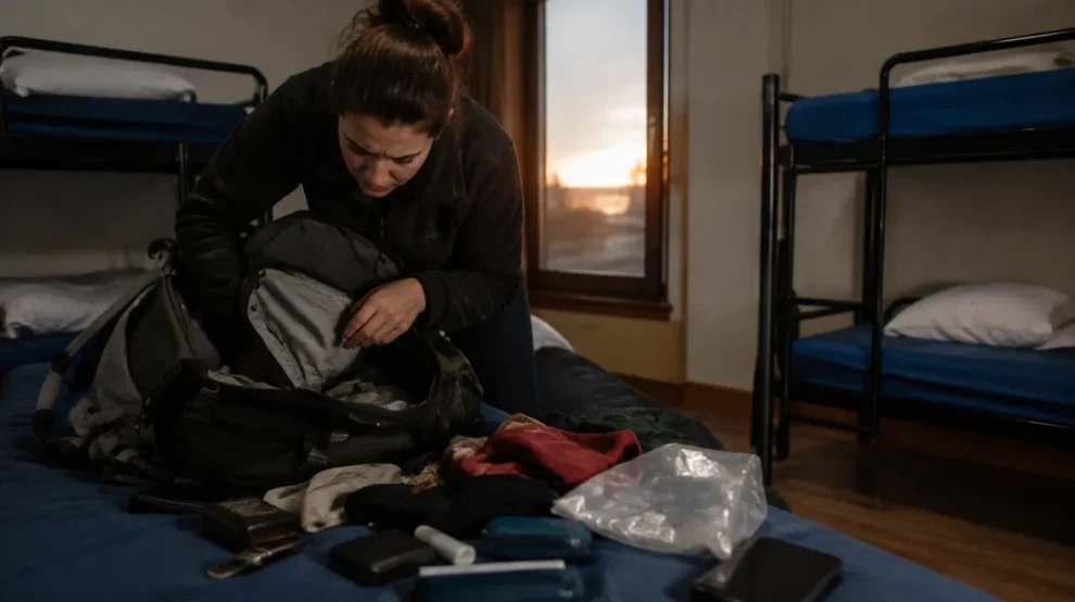 Peregrino procurando na mochila depois de perder documentos no Caminho de Santiago