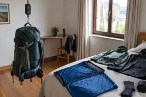 Mochila pendurada na balança para conferir o peso antes do Caminho de Santiago