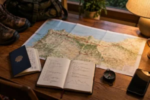 Mapa do norte da Espanha, credencial do peregrino e caderno de rota para planejar o Caminho de Santiago