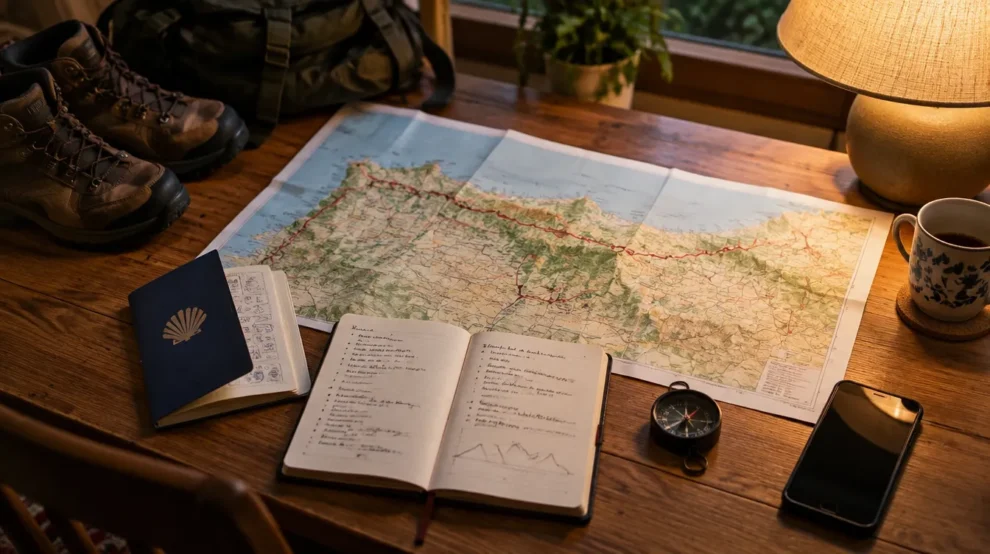 Mapa do norte da Espanha, credencial do peregrino e caderno de rota para planejar o Caminho de Santiago