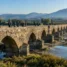 Longa ponte medieval de pedra, uma das pontes históricas do Caminho de Santiago