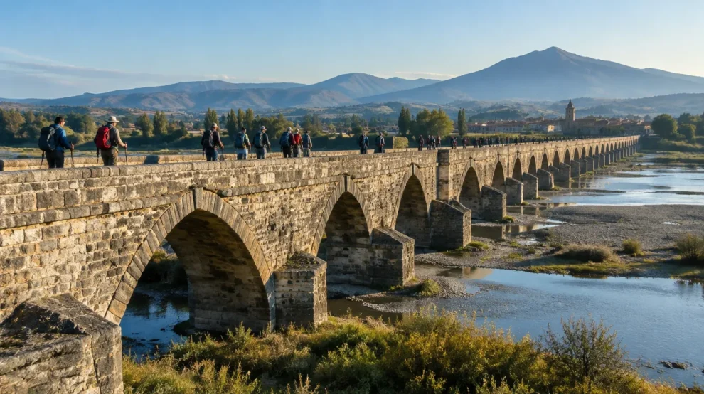 Longa ponte medieval de pedra, uma das pontes históricas do Caminho de Santiago