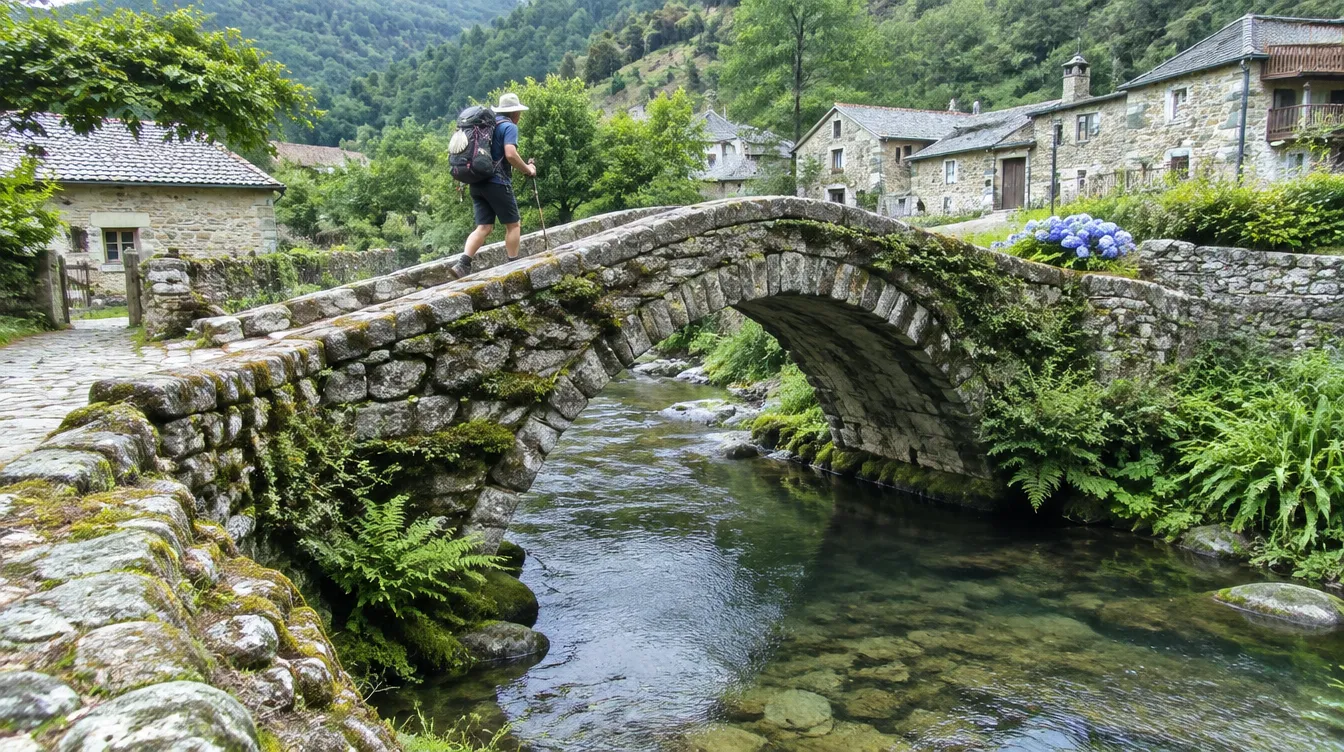 Pequena ponte românica sobre riacho na Galícia, no Caminho de Santiago