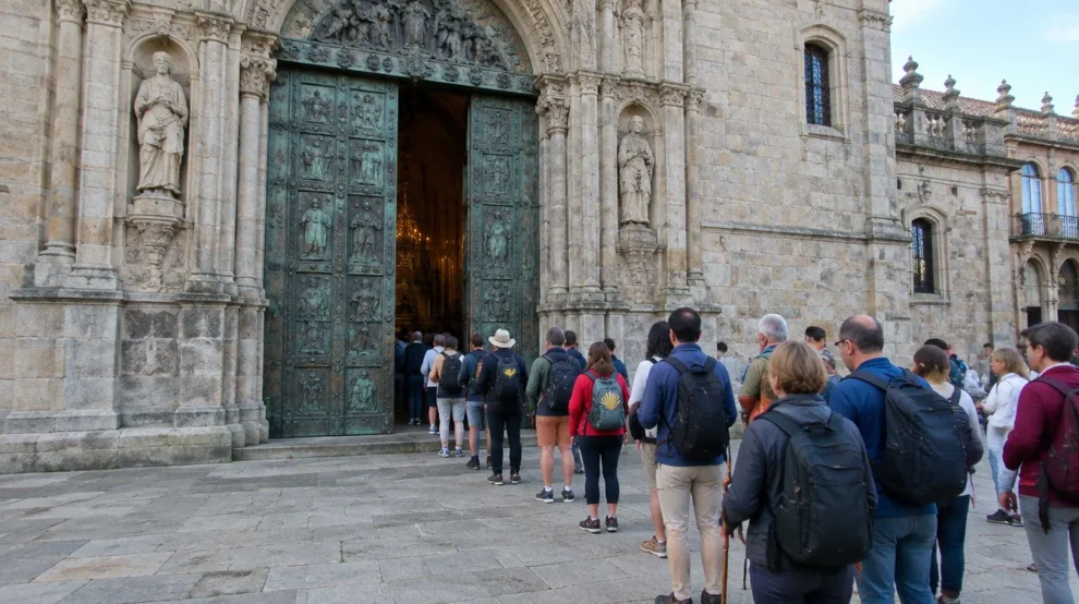 Peregrinos na fila da Porta Santa de Santiago de Compostela
