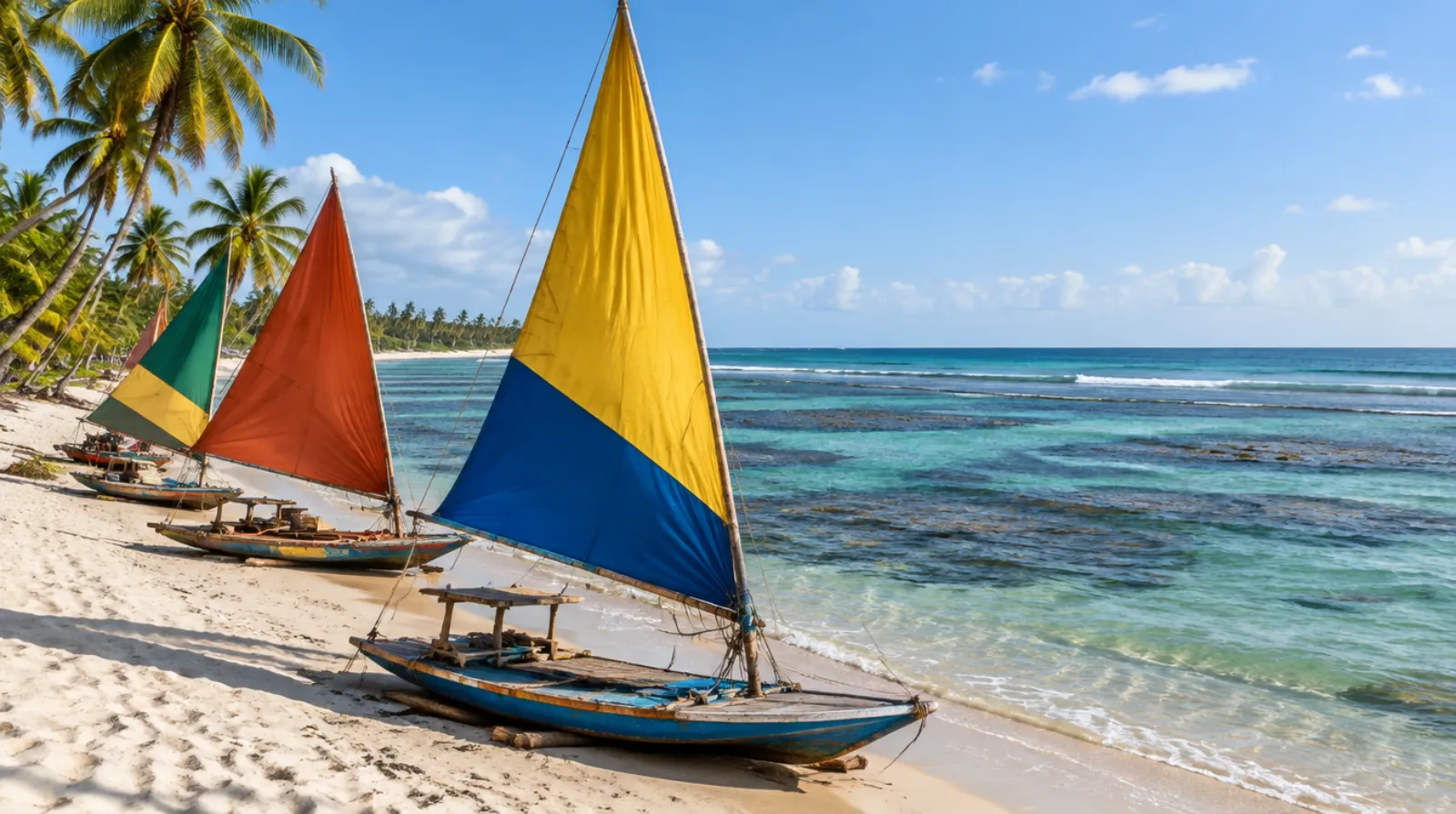 Jangadas de velas coloridas na areia branca, com coqueiros e mar verde-azulado