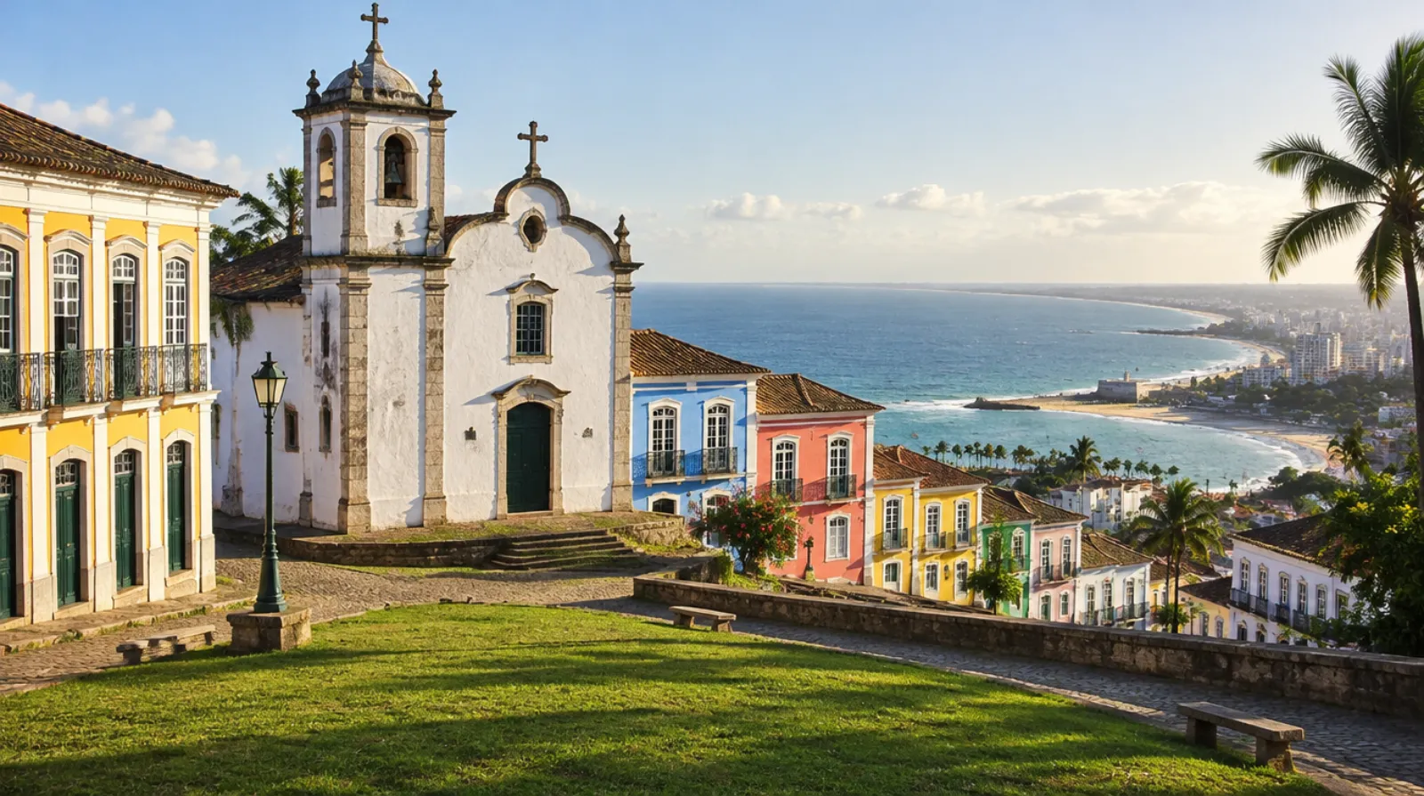 Igreja branca e casario colonial colorido no alto da colina, com vista para o mar