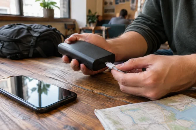Mãos conectando cabo USB-C a um power bank sobre mesa de madeira de hostel