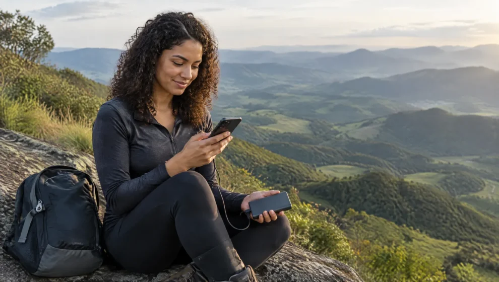 Viajante sentada em mirante de serra carregando o celular com um power bank tirado da mochila