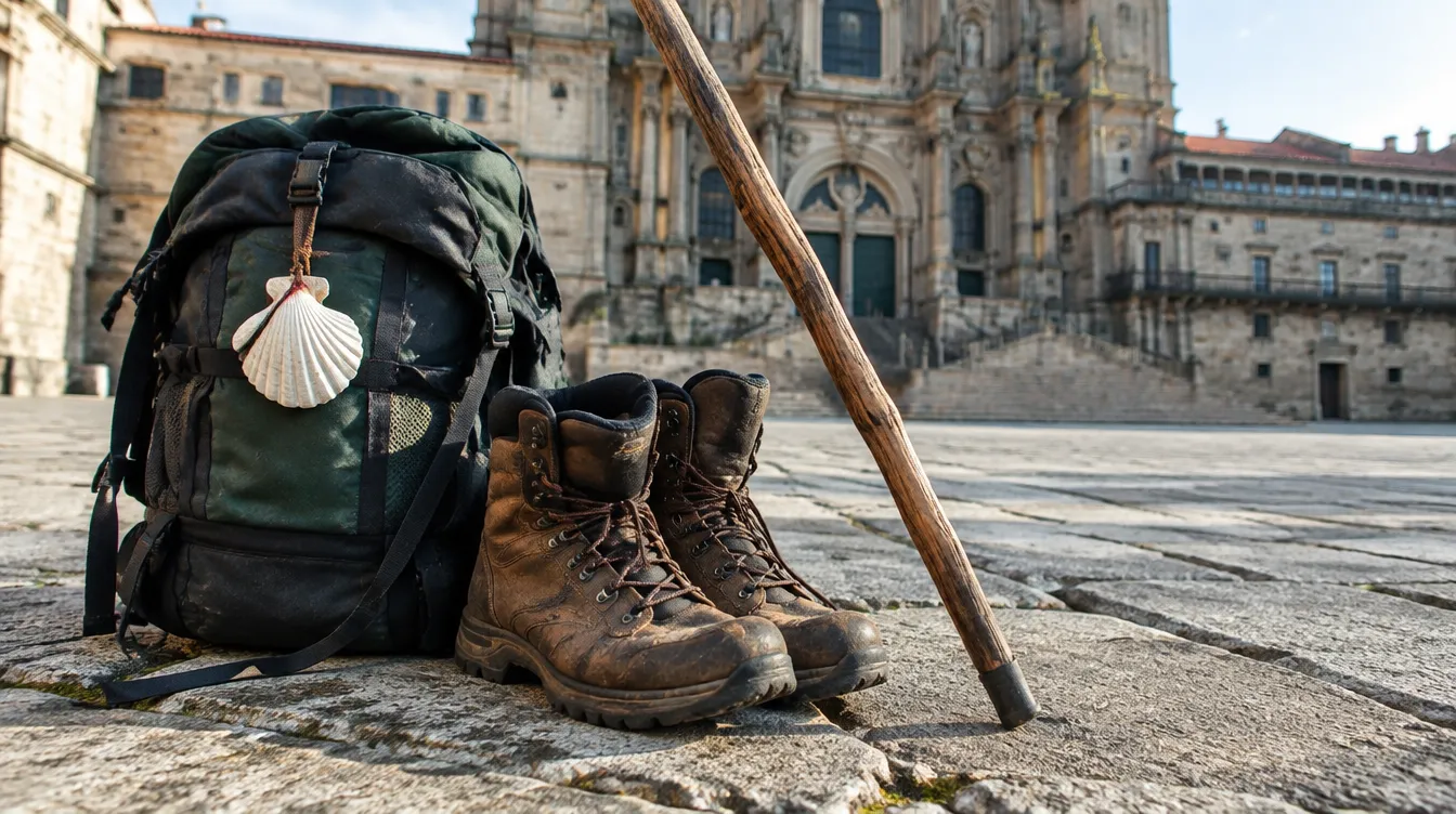 Botas e cajado sobre o granito da Praça do Obradoiro na chegada